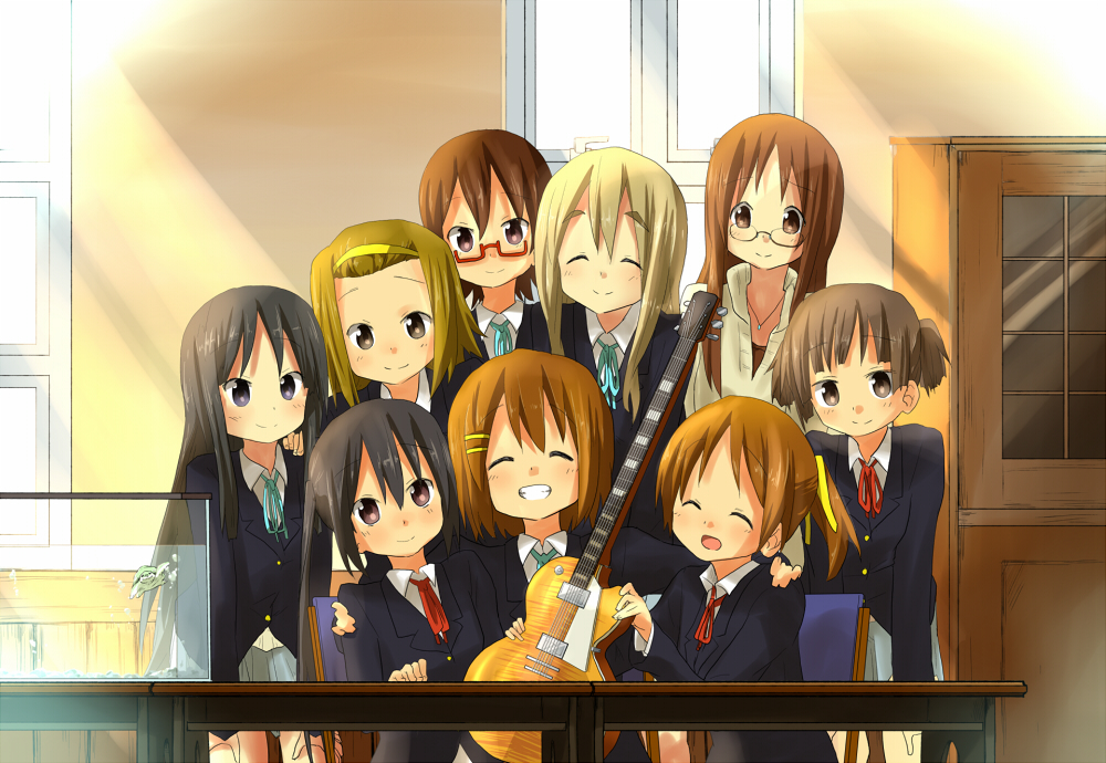 akiyama_mio black_eyes black_hair blonde_hair brown_eyes brown_hair closed_eyes everyone eyes_closed guitar hamioura hirasawa_ui hirasawa_yui instrument k-on! kotobuki_tsumugi long_hair manabe_nodoka multiple_girls nakano_azusa school_uniform short_hair suzuki_jun table tainaka_ritsu ton-chan twintails yamanaka_sawako