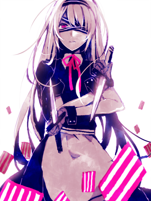 arisaka_ako copyright_request dual_wielding eyepatch knife long_hair looking_at_viewer red_eyes solo very_long_hair