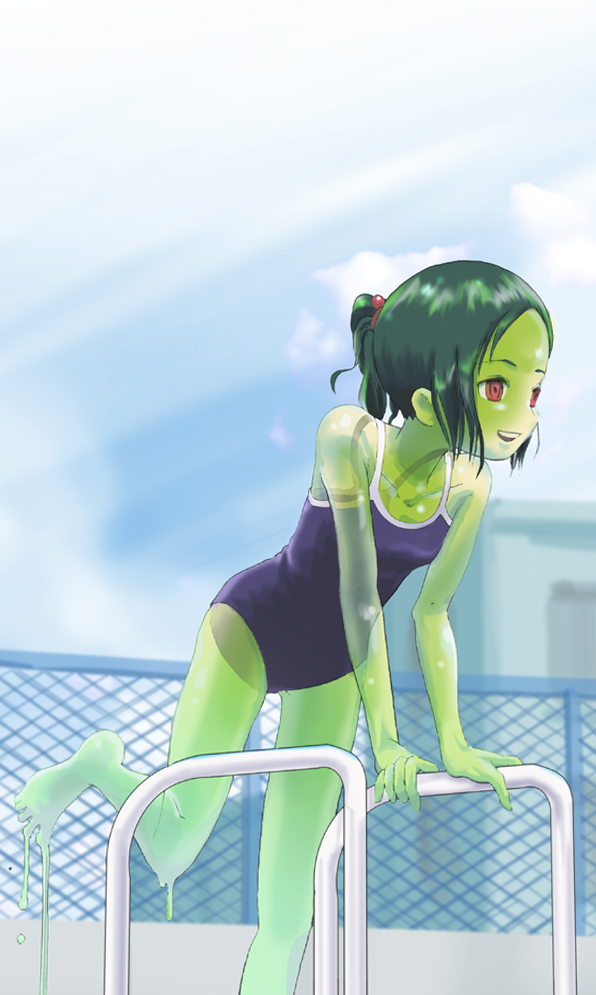 arm_support goo_girl green_hair green_skin monster_girl one-piece_swimsuit original ponytail red_eyes revision school_swimsuit see-through short_hair solo swimsuit