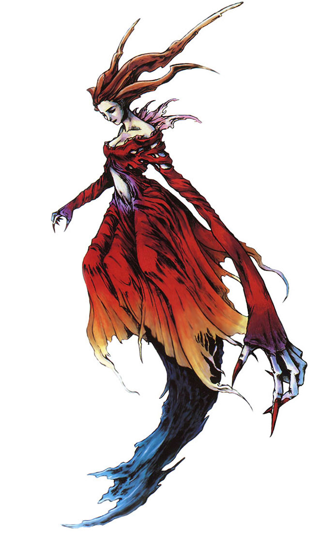 breasts claws cleavage eve_(parasite_eve) fingernails long_fingernails long_hair monster_girl no_legs nomura_tetsuya official_art oversize_forearms oversized_limbs pale_skin parasite_eve red_hair redhead sharp_fingernails solo