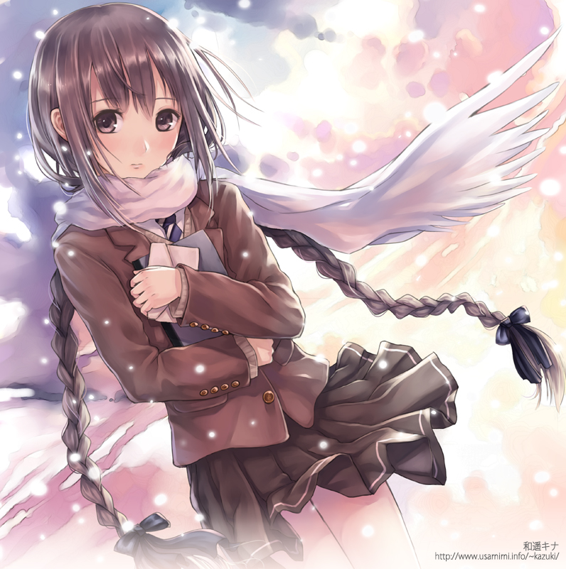 bow braid brown_eyes brown_hair hair_bow kazuharu_kina long_hair necktie original pleated_skirt reference_work revision scarf school_uniform skirt solo twin_braids very_long_hair vest