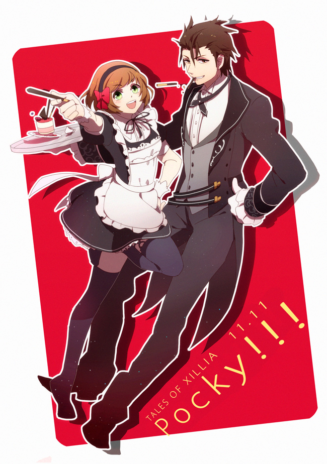 1girl alternate_costume alvin_(tales_of_xillia) apron black_legwear brown_eyes brown_hair butler dessert enmaided food formal gloves green_eyes grin hairband leia_roland maid mohi_(neku_re) mouth_hold pocky pocky_day red_background short_hair skirt smile suit tales_of_(series) tales_of_xillia thigh-highs thighhighs title_drop tray