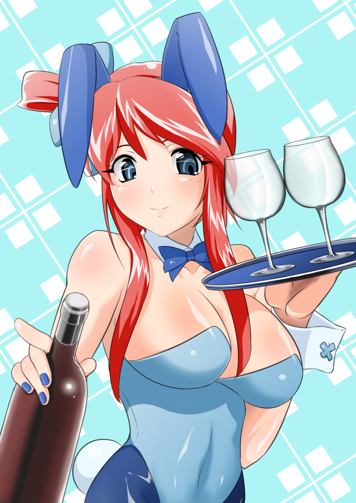 animal_ears artist_request bare_shoulders blue_eyes blue_legwear blush bottle bowtie breasts bunny_ears bunny_girl bunnysuit cleavage detached_collar fuuro_(pokemon) glass gym_leader hair_ornament large_breasts long_hair nail_polish pantyhose pokemon pokemon_(game) pokemon_bw rabbit_ears red_hair redhead short_hair side_ponytail smile solo tray wrist_cuffs