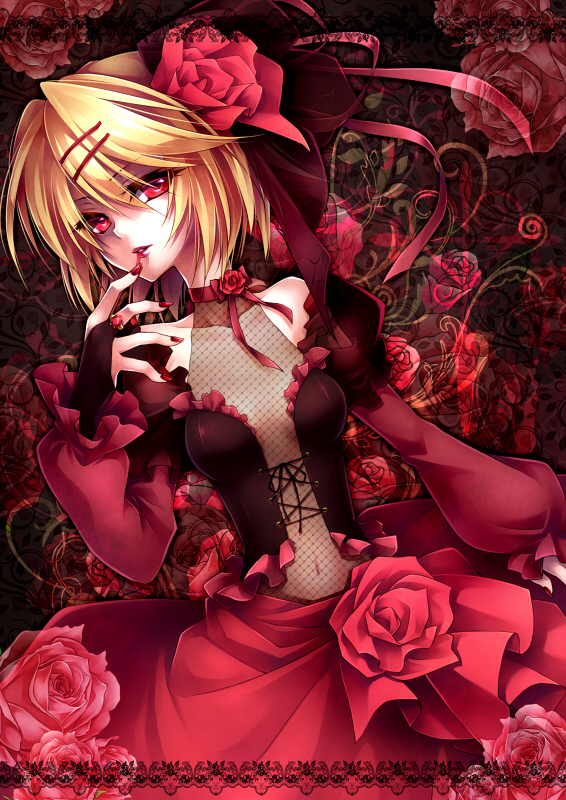blonde_hair dress fishnets flower frills hair_flower hair_ornament hairclip jewelry kagamine_rin looking_at_viewer red_dress red_eyes ring rose short_hair smile solo ueno_tsuki vocaloid