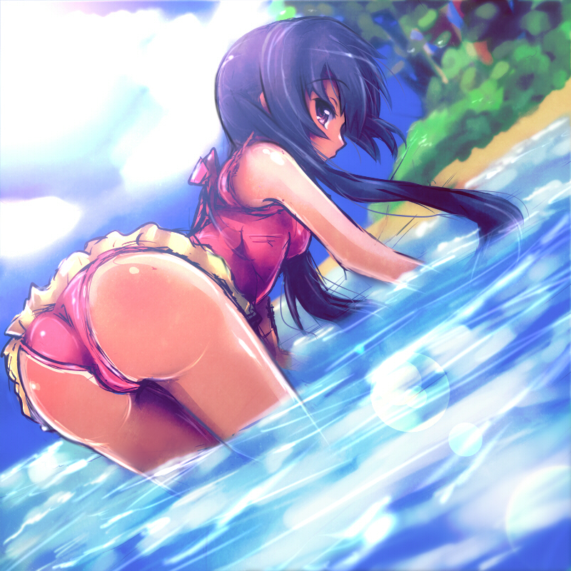 ass bent_over black_hair casual_one-piece_swimsuit cloud clouds dutch_angle k-on! long_hair looking_back nakano_azusa one-piece_swimsuit profile purple_eyes revision skirt solo swimsuit tan tom_(drpow) twintails violet_eyes wading water