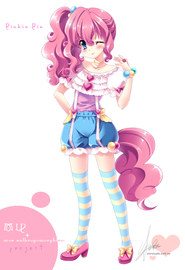 blue_eyes bow bracelet byruu full_body hand_on_hip heart jewelry looking_at_viewer my_little_pony my_little_pony_friendship_is_magic personification pink_hair pinkie_pie ponytail ribbon ring shoes shorts side_ponytail signature solo standing striped striped_legwear tail thigh-highs thighhighs tongue watermark web_address wink zettai_ryouiki