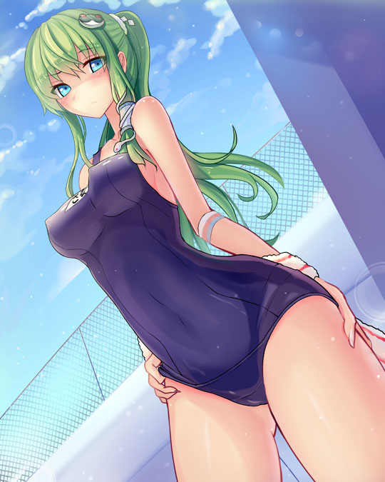 bare_shoulders blue_eyes blush breasts cloud clouds frog_hair_ornament green_hair hair_ornament hair_tubes kochiya_sanae long_hair name_tag one-piece_swimsuit ponytail school_swimsuit sky solo sunlight swimsuit touhou walzrj