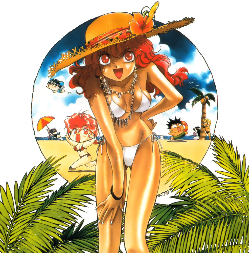 3boys 4girls 90s :d bakuretsu_hunters bikini bracelet carrot_glace chibi chocolate_misu daughter_(bakuretsu_hunters) flying gateau_mocha hat jewelry kanure_stella leaning long_hair marron_glace multiple_boys multiple_girls necklace official_art omishi_rei open_mouth palm_tree red_eyes red_hair redhead smile summer sun_hat swimsuit tira_misu tree umbrella