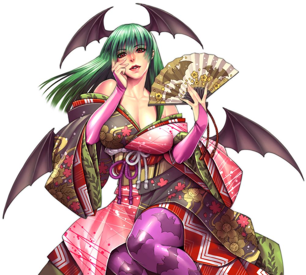 bare_shoulders bat_print bat_wings breasts bridal_gauntlets cleavage collarbone crossover demon_girl fan floral_print folding_fan green_hair hand_on_own_face head_wings japanese_clothes kimono large_breasts lips morrigan_aensland off_shoulder onimusha onimusha_soul onimusha_souls pantyhose print_pantyhose red_eyes simple_background solo source_request succubus vampire_(game) white_background wings