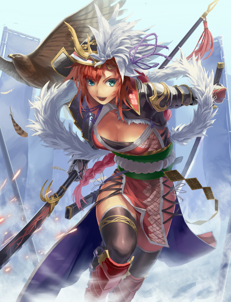 armor banner bird black_legwear blue_eyes braid breasts cleavage dual_wielding falcon feather_boa feathers fog helm helmet katana mismi nobori open_mouth original polearm red_hair redhead revision scabbard sheath short_hair smile solo spear sword thigh-highs thighhighs weapon