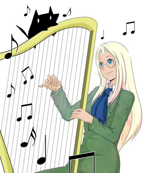 alternate_form alucard ascot blonde_hair blue_eyes blush dress glasses green_dress harp hellsing instrument integra_hellsing long_hair musical_note smile solo yagami_otoya