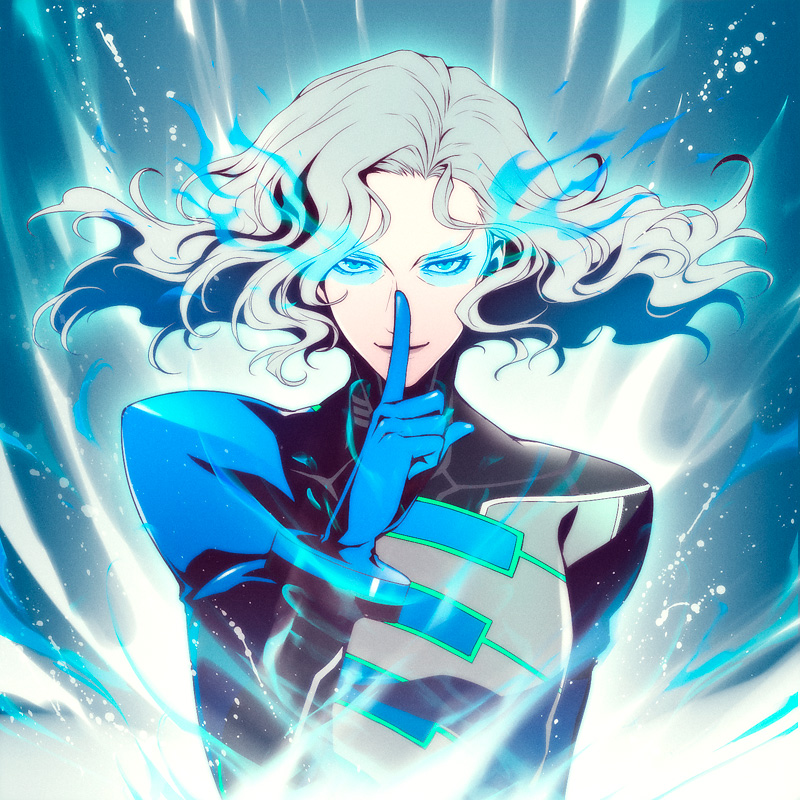 albireo_01x blue_eyes blue_fire fire floating_hair gloves glowing glowing_eyes grey_hair lips long_hair lunatic_(tiger_&amp;_bunny) male pale_skin revision silver_hair solo tiger_&amp;_bunny white_hair yuri_petrov