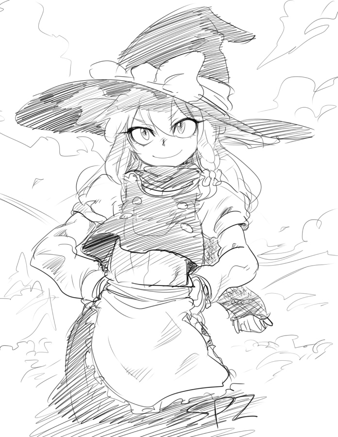 hands_on_hips hat kirisame_marisa long_hair monochrome sketch smile solo space_jin spacezin touhou witch_hat