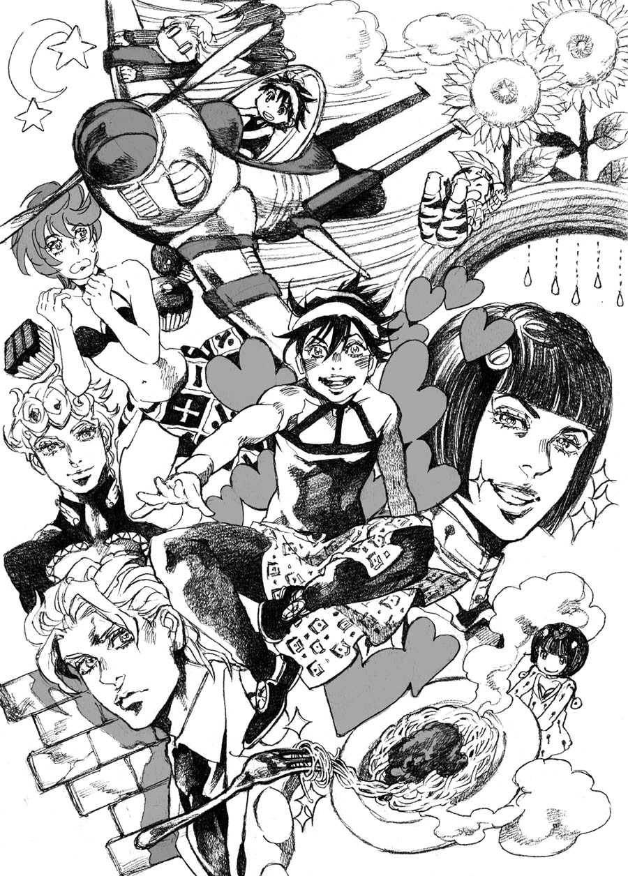 aerosmith_(stand) airplane bruno_bucciarati bud_(korovsme) chibi flower fork giorno_giovanna graphite_(medium) greyscale guido_mista headband heart highres jojo_no_kimyou_na_bouken leone_abbachio monochrome rainbow spaghetti sparkle sunflower traditional_media trish_una