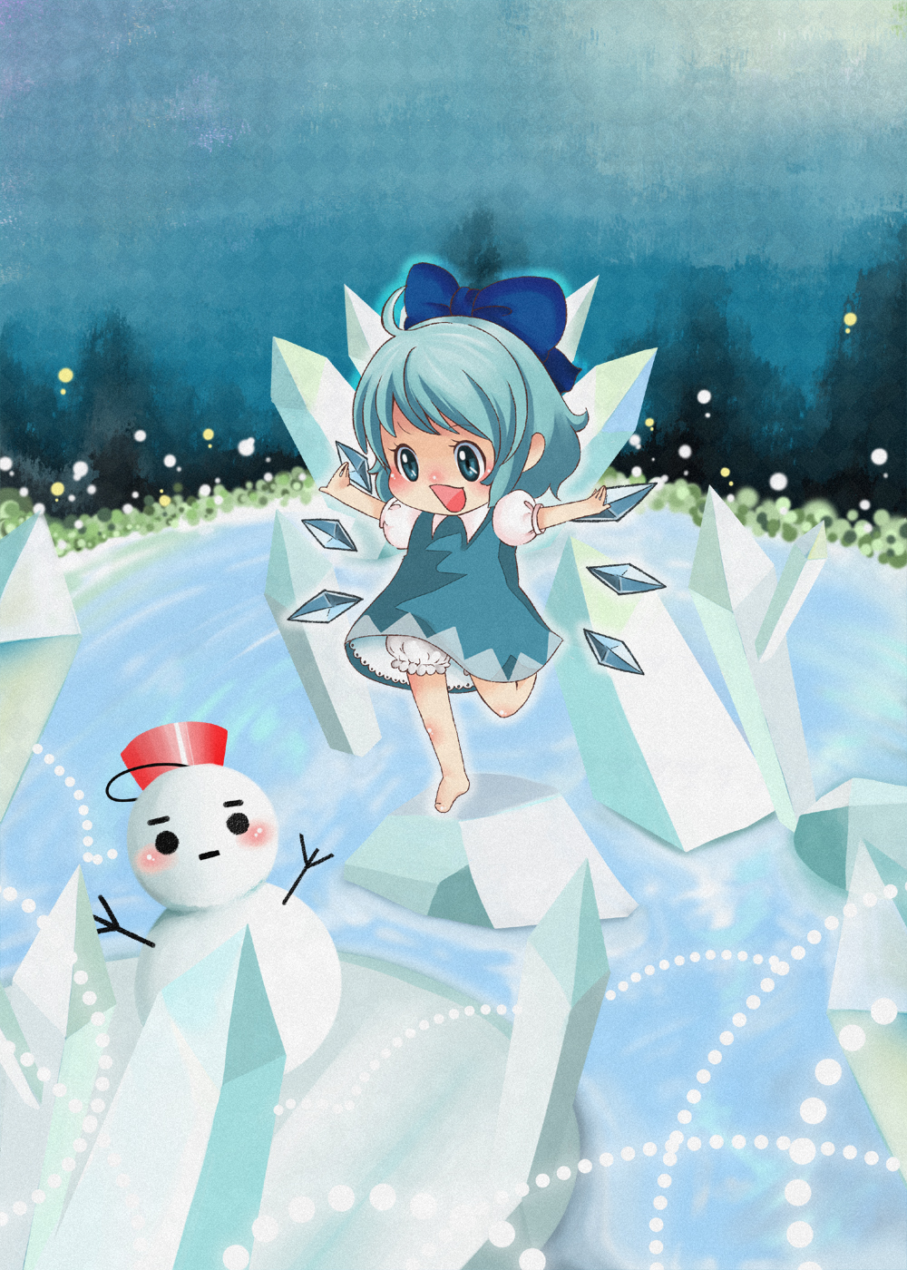 barefoot bloomers blue_eyes blue_hair child cirno happy highres ice open_mouth smile snowman touhou winter yagami_otoya