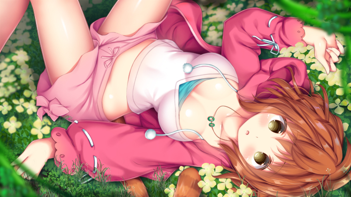 1girl :o bangs blush breasts brown_eyes brown_hair collarbone crop_top drawstring eyebrows_visible_through_hair feet_out_of_frame flower hair_between_eyes hand_up jacket knees_up long_sleeves looking_at_viewer lying medium_breasts midriff murano on_back on_grass open_clothes open_jacket original parted_lips pink_shorts puffy_long_sleeves puffy_sleeves red_jacket shirt short_shorts shorts solo striped_tail tail tail_raised white_shirt yellow_flower