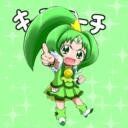 :o bike_shorts bootyan bowtie brooch character_name child choker clenched_hand cure_march dress green green_background green_dress green_eyes green_hair jewelry magical_girl midorikawa_nao pointing ponytail precure shoes short_hair shorts_under_skirt skirt smile smile_precure! solo sparkle translated tri_tails wrist_cuffs young