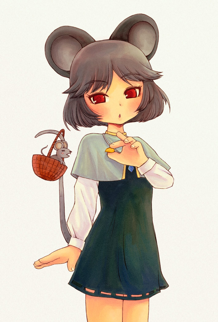 animal_ears basket capelet cheese dress grey_hair holding jewelry mamechichi mouse mouse_ears mouse_tail nazrin pendant prehensile_tail red_eyes short_hair simple_background solo tail tail_raised touhou