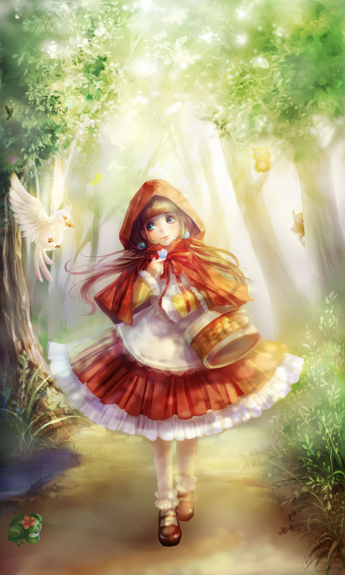 basket big_bad_wolf_(grimm) bird blue_eyes brown_hair forest frog grimm's_fairy_tales hair_bobbles hair_ornament highres hood little_red_riding_hood little_red_riding_hood_(grimm) long_hair mary_janes nature original orry owl shoes skirt twintails wolf