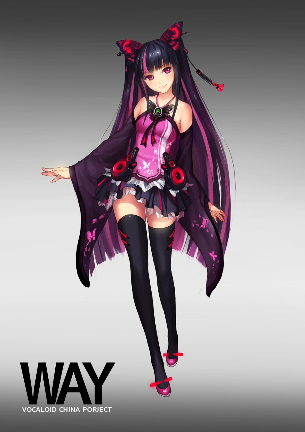 1girl bare_shoulders black_hair black_legwear blush error flower gradient gradient_background hair_flower hair_ornament highres hjl long_hair long_legs multicolored_hair pink_eyes pink_hair skirt smile solo thighhighs title_drop two-tone_hair typo vocaloid_china way_(vocaloid)