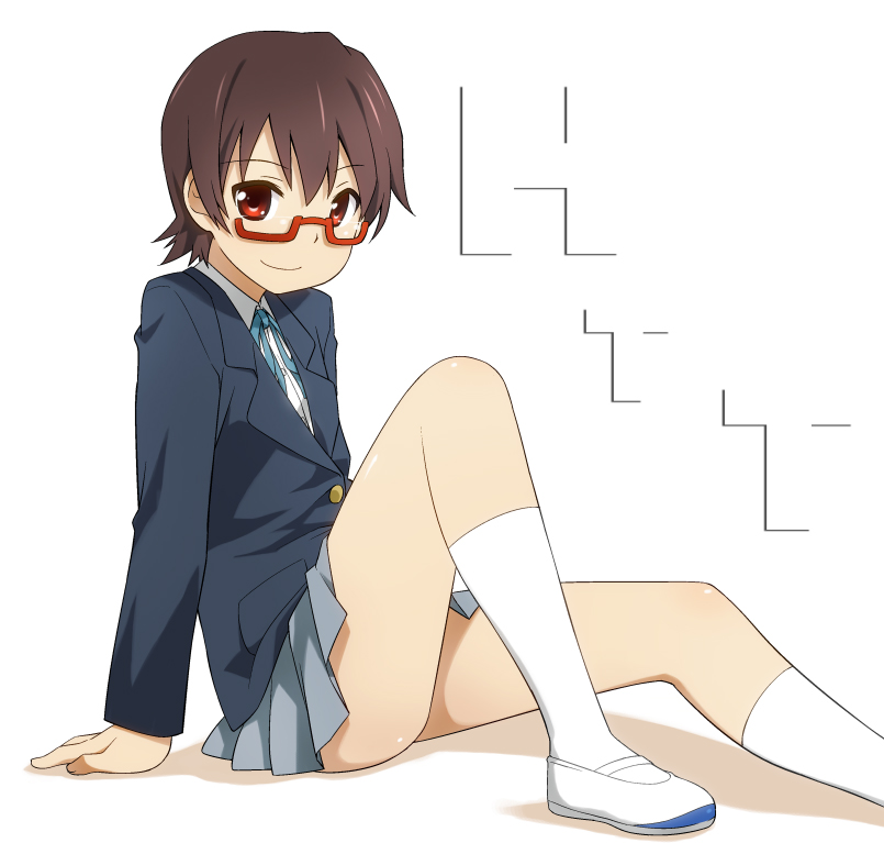 blazer bottom_touching_surface brown_eyes brown_hair glasses k-on! legs manabe_nodoka red-framed_glasses revision school_uniform semi-rimless_glasses shoes short_hair smile socks solo umekichi under-rim_glasses uwabaki white_legwear