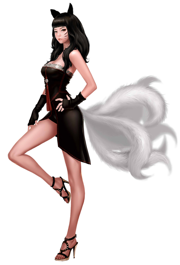1girl ahri animal_ears artist_request bare_shoulders black_dress black_hair dress elune_(artist) fingerless_gloves fox_ears fox_tail full_body gloves high_heels league_of_legends looking_at_viewer multiple_tails nine_tails open_shoes shoes solo tail