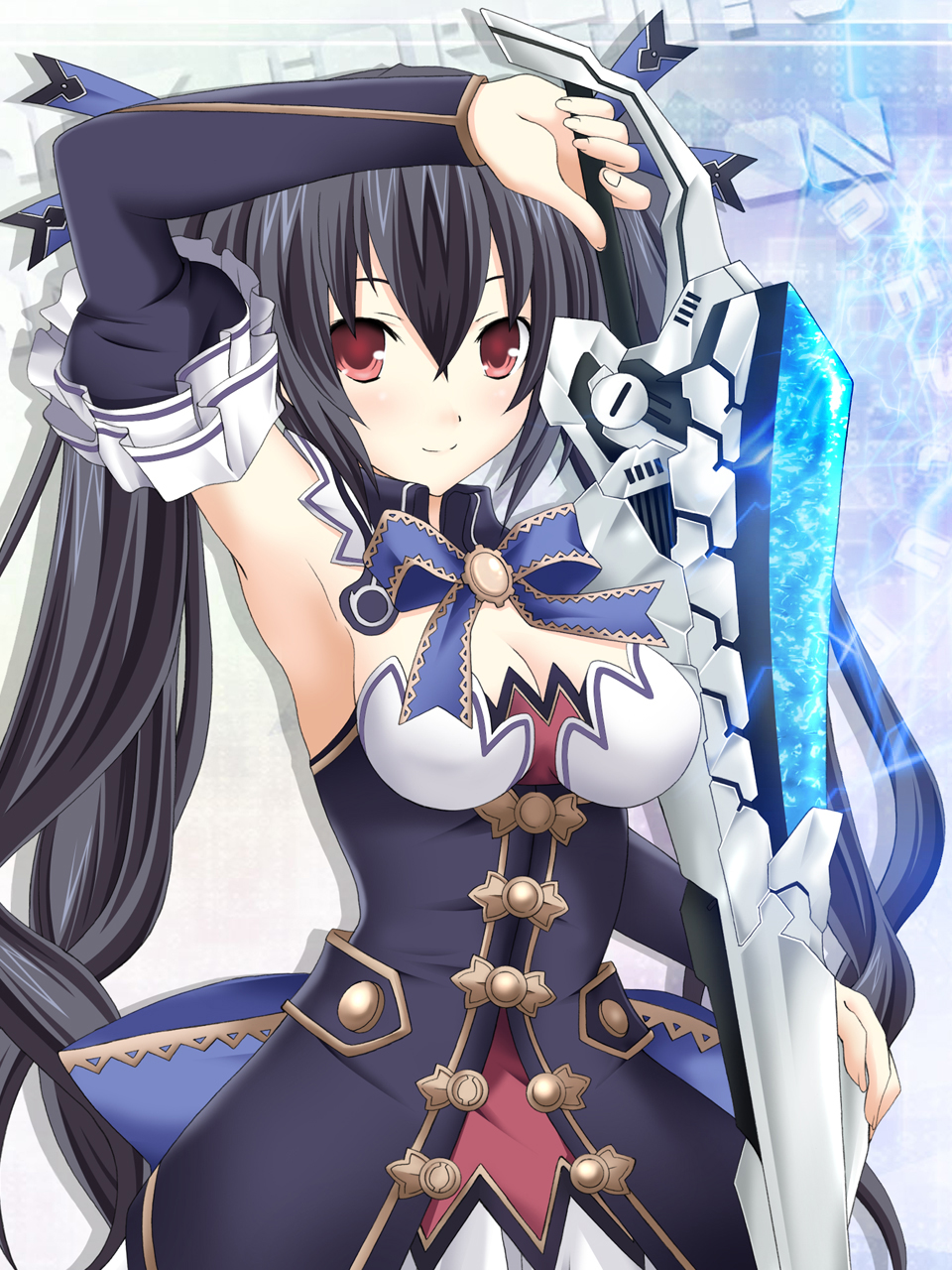 arm_up armpits black_hair black_heart blush breasts choujigen_game_neptune cleavage detached_sleeves hair_ornament highres kagura_ittou kami_jigen_game_neptune_v long_hair looking_at_viewer noire red_eyes ribbon smile solo sword twintails very_long_hair weapon