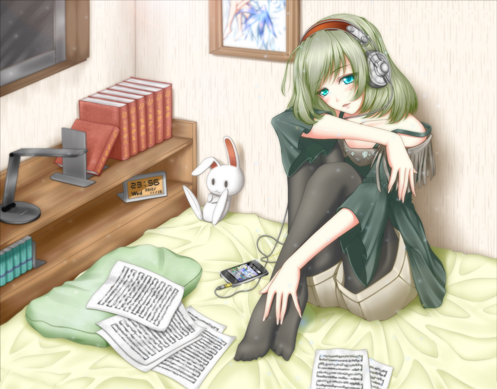 aqua_eyes bare_shoulders bed black_legwear book bookshelf digital_clock digital_media_player fashion green_hair headphones idolmaster idolmaster_cinderella_girls k2-atelier legwear_under_shorts on_bed pantyhose picture_frame shorts solo strap_slip takagaki_kaede