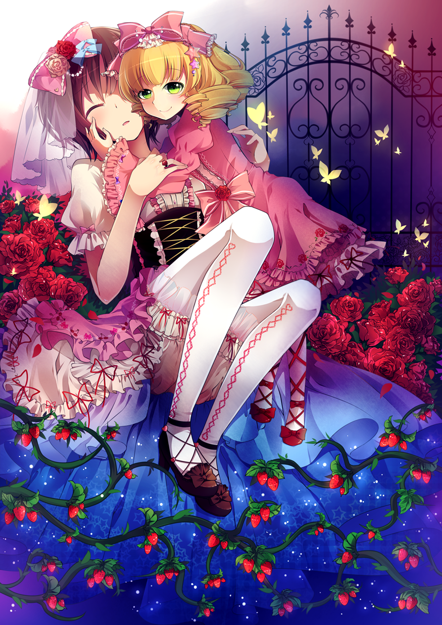 ankle_lace-up anthiea blonde_hair bloomers bow brown_hair butterfly closed_eyes corset cross-laced_footwear curly_hair drill_hair eyes_closed flower food fruit gothic_lolita green_eyes grin hair_bow highres hina_ichigo hug jewelry kashiwaba_tomoe lolita_fashion mary_janes multiple_girls red_rose ring rose rozen_maiden shoes short_hair smile strawberry thigh-highs thighhighs veil vines white_legwear