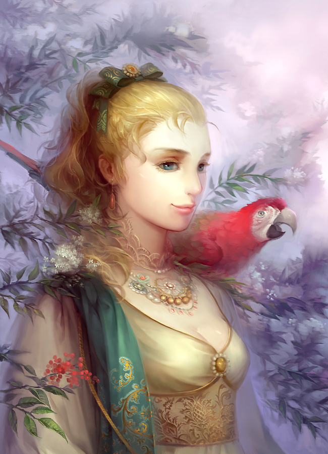 bird blonde_hair blue_eyes branch flower hair_ornament jewelry leaf macaw necklace original parrot short_hair smile yufy