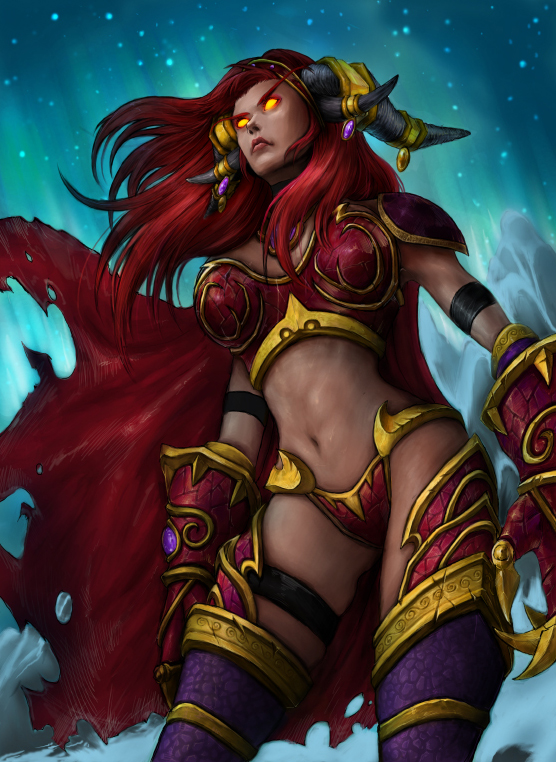 alexstrasza armband armor bikini_armor boots cape claws elune_(artist) gauntlets glowing glowing_eyes horn_ring horns long_hair midriff orange_eyes red_hair redhead solo thigh-highs thigh_boots thigh_strap thighhighs warcraft world_of_warcraft