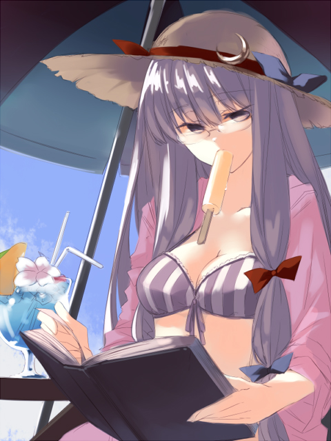 1girl adapted_costume beach_umbrella bespectacled bikini book bow breasts cleavage cocktail collarbone glass glasses hair_bow hat hat_ribbon holding holding_book long_hair looking_down mouth_hold open_book patchouli_knowledge popsicle purple_eyes purple_hair reading ribbon shiren_(monochrome_structure) sketch solo straw straw_hat striped striped_bikini striped_swimsuit swimsuit touhou vertical-striped_bikini vertical_stripes violet_eyes