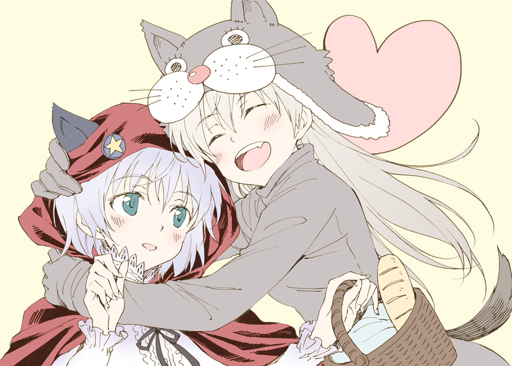 :d agahari animal_costume animal_hat basket big_bad_wolf_(cosplay) big_bad_wolf_(grimm) blonde_hair bread capelet closed_eyes cosplay eila_ilmatar_juutilainen eyes_closed fang food green_eyes hand_on_head hat heart hood hug little_red_riding_hood little_red_riding_hood_(cosplay) little_red_riding_hood_(grimm) long_hair multiple_girls open_mouth sanya_v_litvyak short_hair silver_hair smile strike_witches wolf_costume