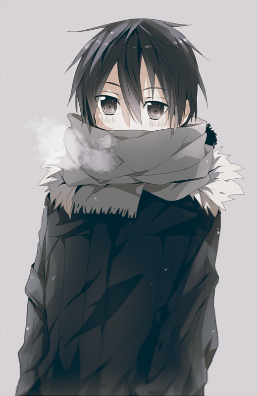 black_eyes black_hair breath coat covered_mouth jianmo_sl kirito male mouth_covered scarf short_hair sword_art_online