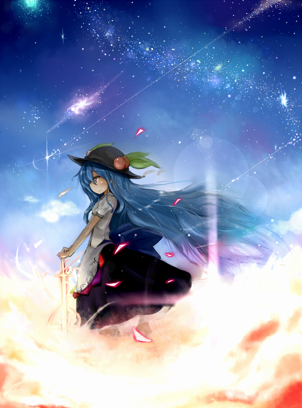 absurdres arai_seiryuu blue_hair dress food fruit hands_on_hilt hat highres hinanawi_tenshi leaf long_hair peach profile red_eyes resized revision smile solo star_(sky) sword sword_of_hisou touhou very_long_hair weapon