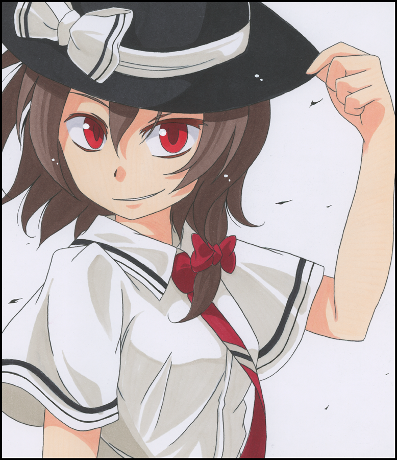 1girl brown_hair hat looking_at_viewer red_eyes s-syogo short_hair simple_background smile solo touhou traditional_media usami_renko