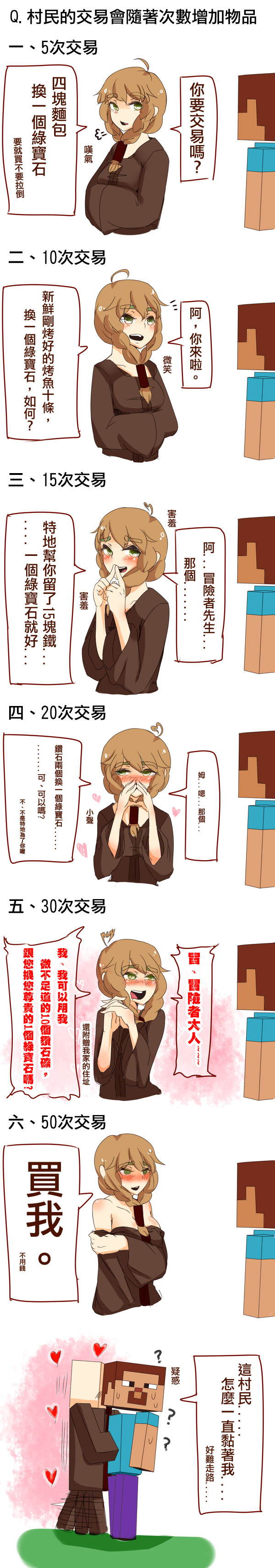 ? absurdres ahoge at2. bare_shoulders blush braid breasts brown_hair chinese comic drooling front_ponytail green_eyes green_hair hair_tubes hands_clasped hands_in_sleeves heart heart_ahoge highres minecraft robe_slip shoulders steve? translated translation_request tsundere twin_braids villager_(minecraft)