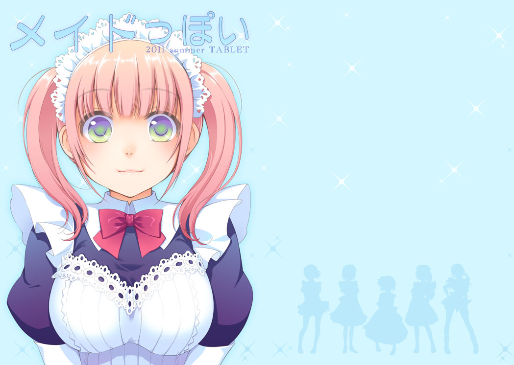 2011 :3 blue_background blush bow bust cover cover_page female ginta green_eyes maid maid_headdress original pink_hair solo sparkle text translated translation_request twintails