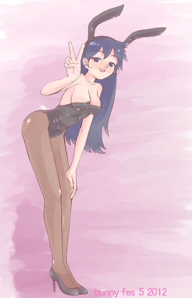 1girl 2012 animal_ears bare_shoulders blue_eyes blue_hair blush breasts bunny_ears bunnysuit character_request copyright_request dated fake_animal_ears female hand_on_knee high_heels large_breasts leaning_over leotard open_mouth pantyhose rabbit_ears shoes smile solo tomo_(f2000) v