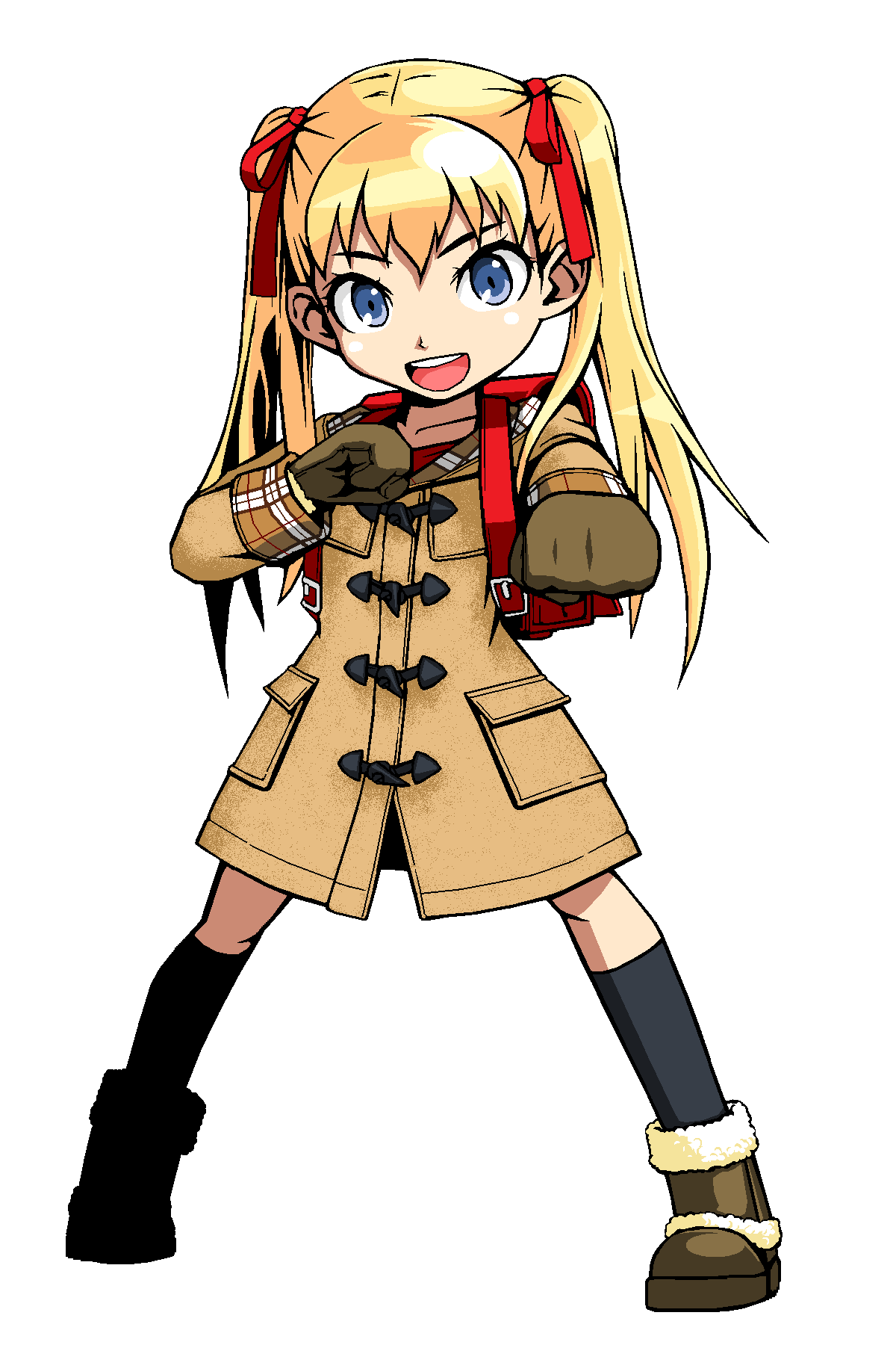 backpack bag blonde_hair blue_eyes boots bow character_request clenched_hand copyright_request gloves hair_bow highres jacket kneehighs long_hair mspaint open_mouth randoseru smile tomonotomono twintails