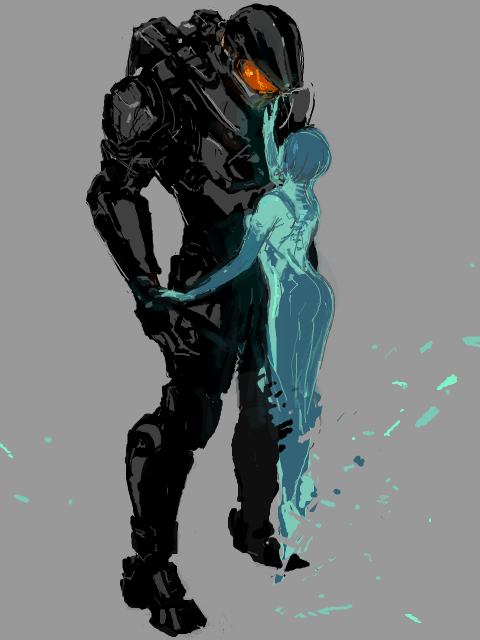 1girl arisu-no-neko ass blue_hair blue_skin cortana fading halo_(game) halo_4 helmet hologram looking_down looking_up master_chief power_armor power_suit size_difference spoilers t_(arisu-no-neko) touching visor