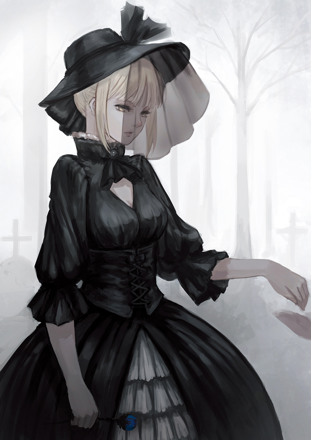 adapted_costume ahoge blonde_hair blue_rose bryanth corset fate/hollow_ataraxia fate/stay_night fate_(series) flower gothic_lolita gown hair_ribbon hat highres lolita_fashion pale_skin ribbon rose saber saber_alter solo veil yellow_eyes