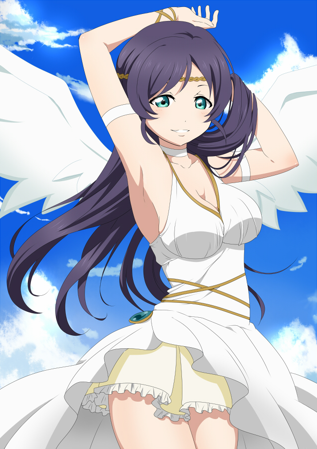 angel armpits blush green_eyes long_hair love_live!_school_idol_project smile toujou_nozomi violet_hair wings
