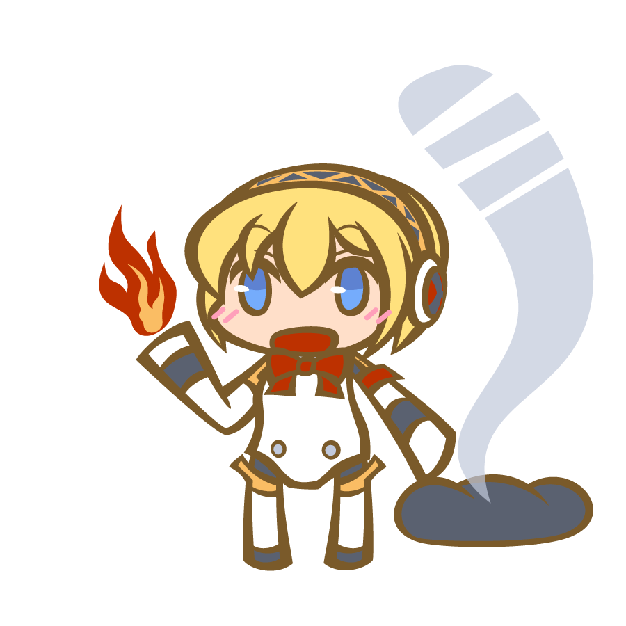 aegis android blonde_hair blue_eyes chibi fire persona persona_3 ribbon robot_joints short_hair solo
