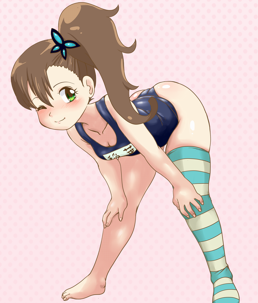 barefoot bent_over brown_hair butterfly_hair_ornament chousoku_henkei_gyrozetter feet green_eyes hair_ornament hands_on_knees inaba_rinne long_hair school_swimsuit side_ponytail single_thighhigh solo striped striped_legwear swimsuit thigh-highs thighhighs tof wink