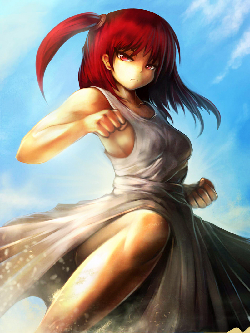 1girl bad_id cloud clouds legs magi_the_labyrinth_of_magic morgiana red_eyes red_hair redhead short_hair side_ponytail sky solo yilx