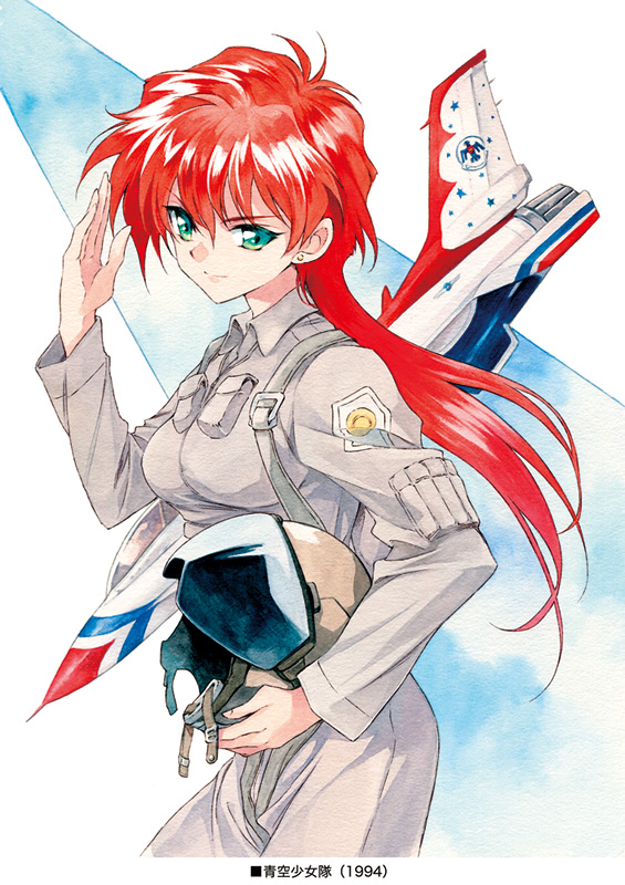 1girl 90s agahari airplane amelia_yeager aozora_shoujotai character_request f-16 female green_eyes helmet long_hair looking_at_viewer military military_uniform oldschool pilot_suit red_hair redhead solo thunderbirds_(team) title_drop uniform