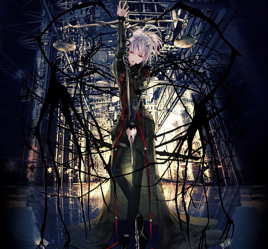 chelly_(supercell) ponytail red_eyes redjuice reflection scale silver_hair staff steel_beam structure supercell
