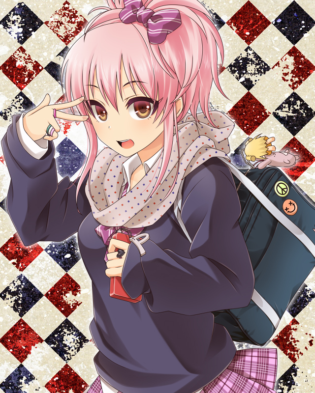 bag baggy_clothes bow cellphone cellphone_strap checkered checkered_background hair_bow idolmaster idolmaster_cinderella_girls jewelry jougasaki_mika nail_polish open_mouth orange_eyes phone pink_hair pins plaid plaid_skirt pleated_skirt ring scarf school_bag school_uniform short_hair skirt sleeves_past_wrists solo sweater tayu_(yuntayu) v v_over_eye winter_clothes