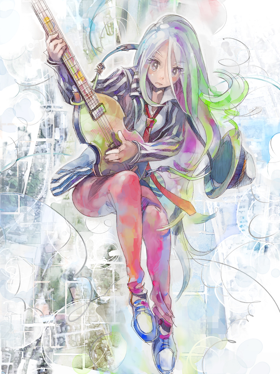 cloud clouds falling guitar hat hat_removed headwear_removed highres instrument long_hair multicolored_hair necktie original pomodorosa revision risa_hibiki shirt shoes sneakers solo striped striped_shirt